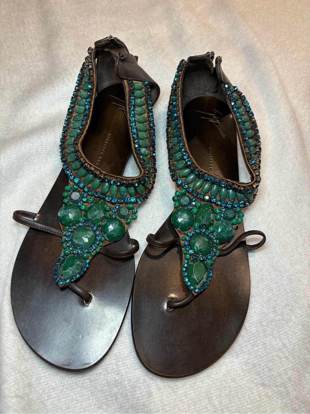 Giuseppe Zanotti Emerald Green Jeweled Leather Sandals